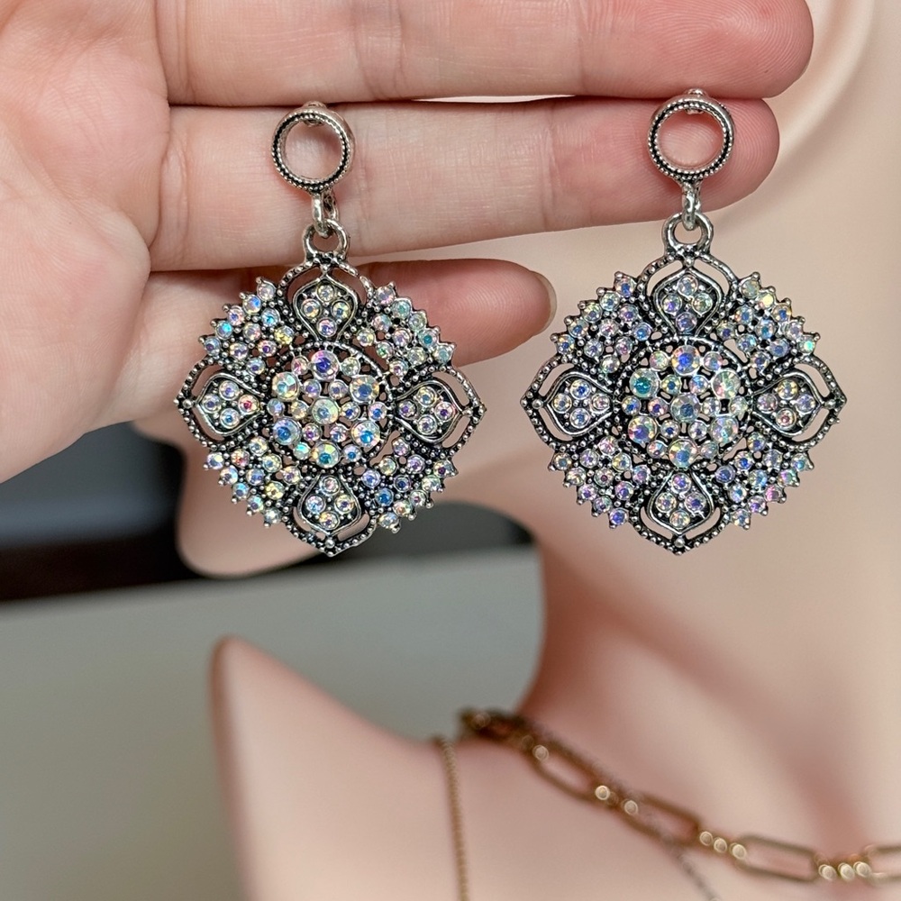 Silver-Tone Crystal Cluster Drop Earrings - Picture 9 of 9